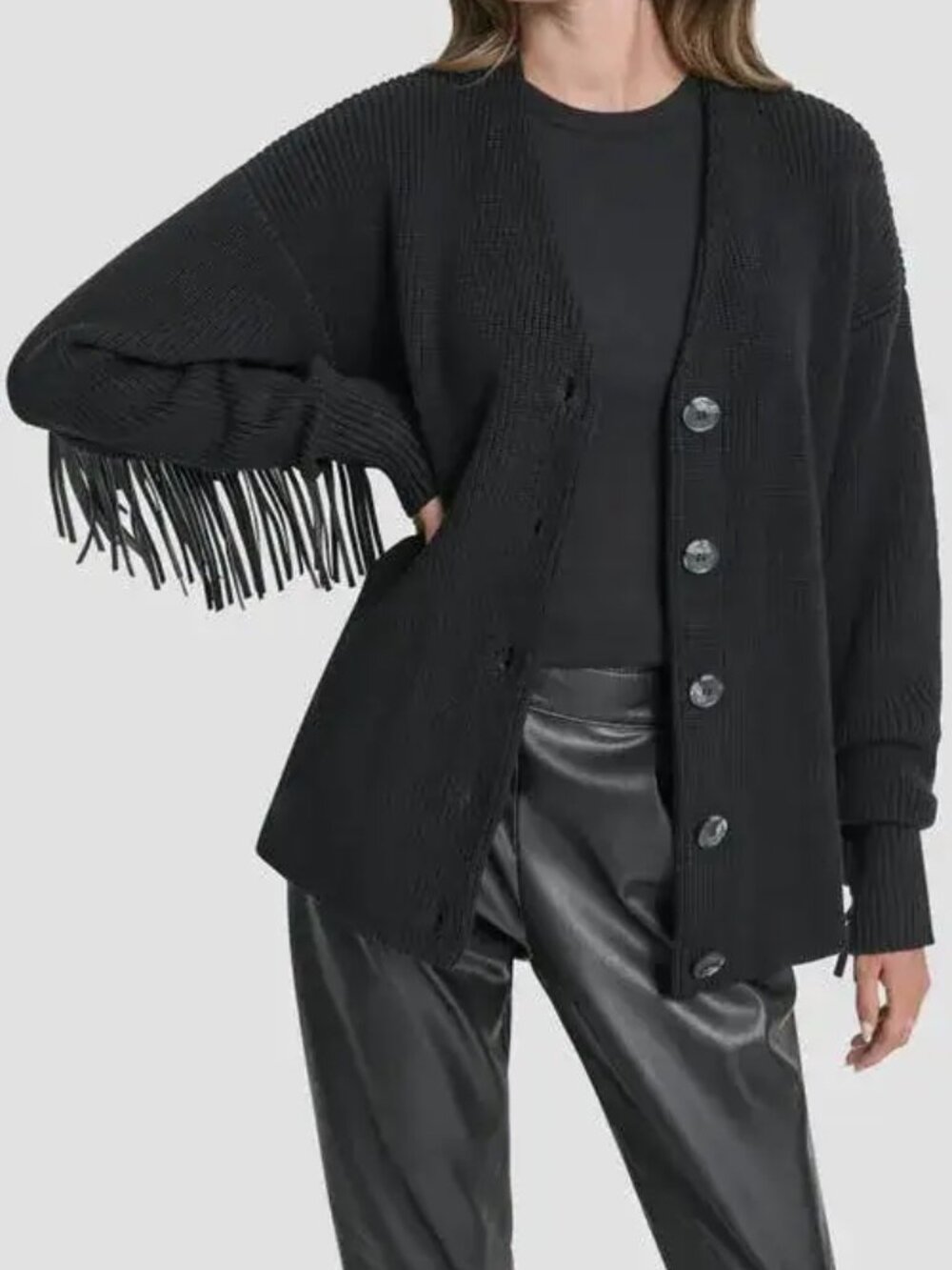 DKNY Western Faux Leather Panel Fringe Black Heavy Cardigan Sweater - NWT - M